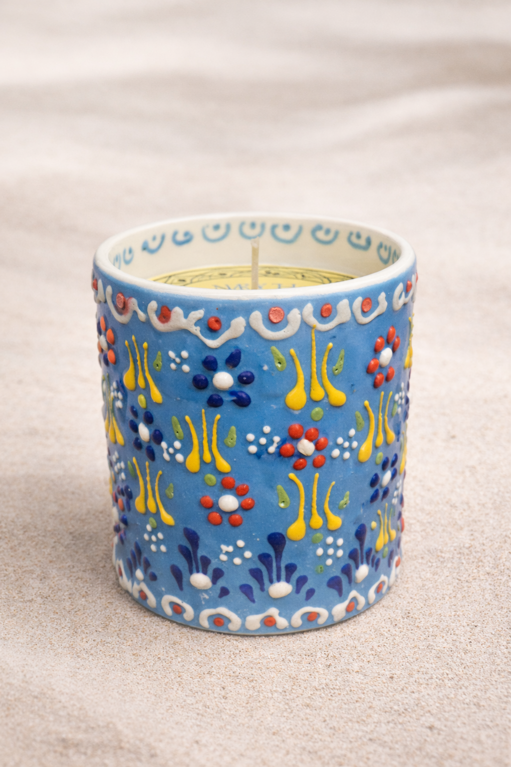 Handcrafted Artisan Ceramic Candle - One of a Kind Blue Tile
