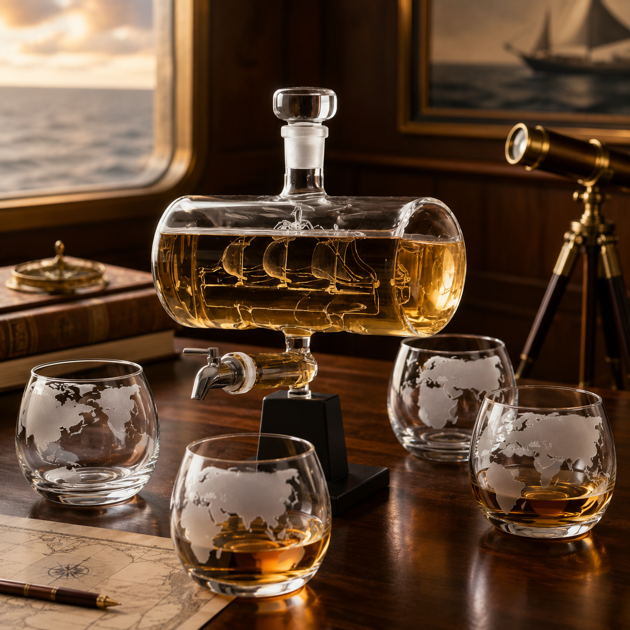 Ship in a Bottle Decanter with set of 4 glasses - only one available